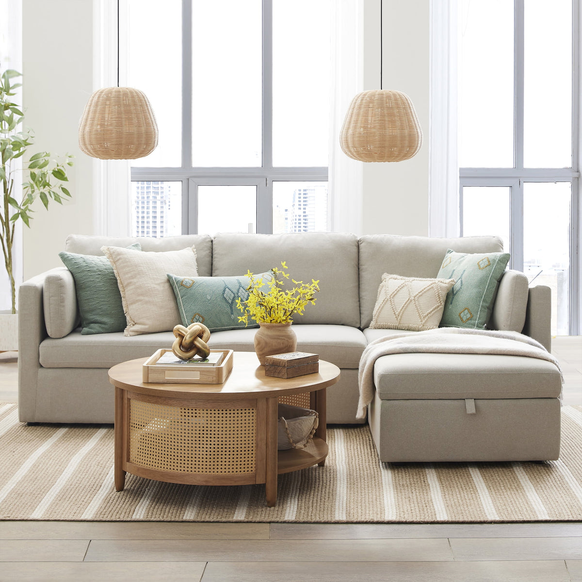 100'' Modular Sectional Sofa with Storage Ottoman, White Linen