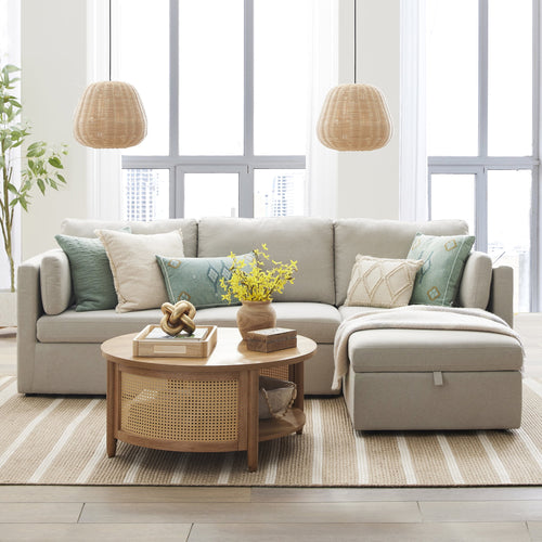  100'' Modular Sectional Sofa with Storage Ottoman, White Linen