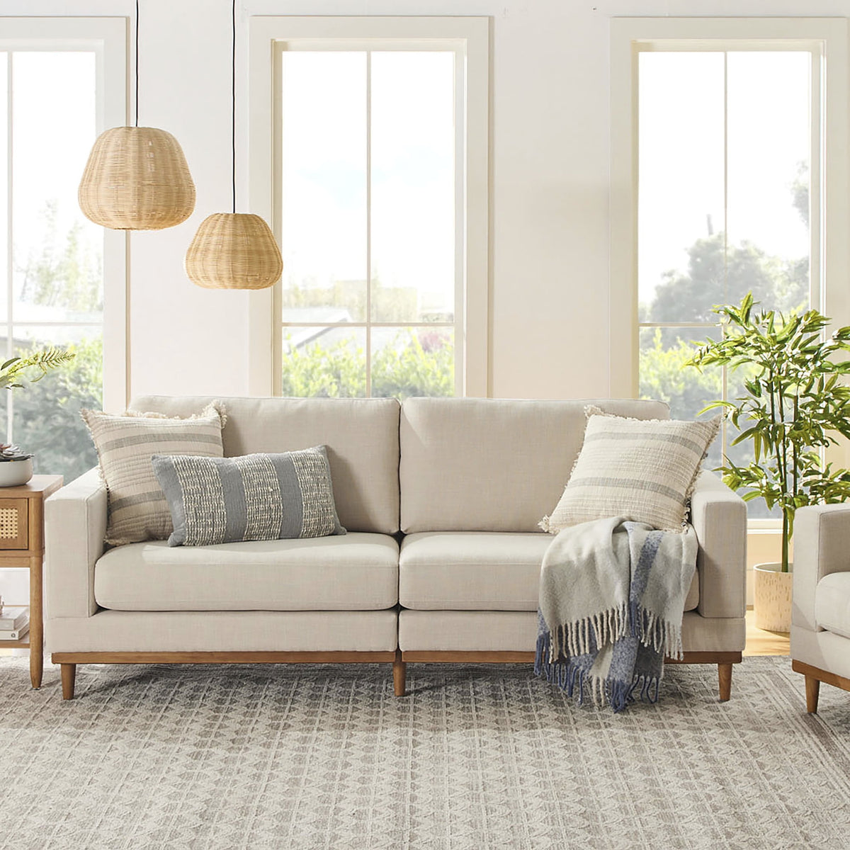  Springwood Wood Frame 83.46" Couch, Cream Linen, Light Honey Woodbase Finish