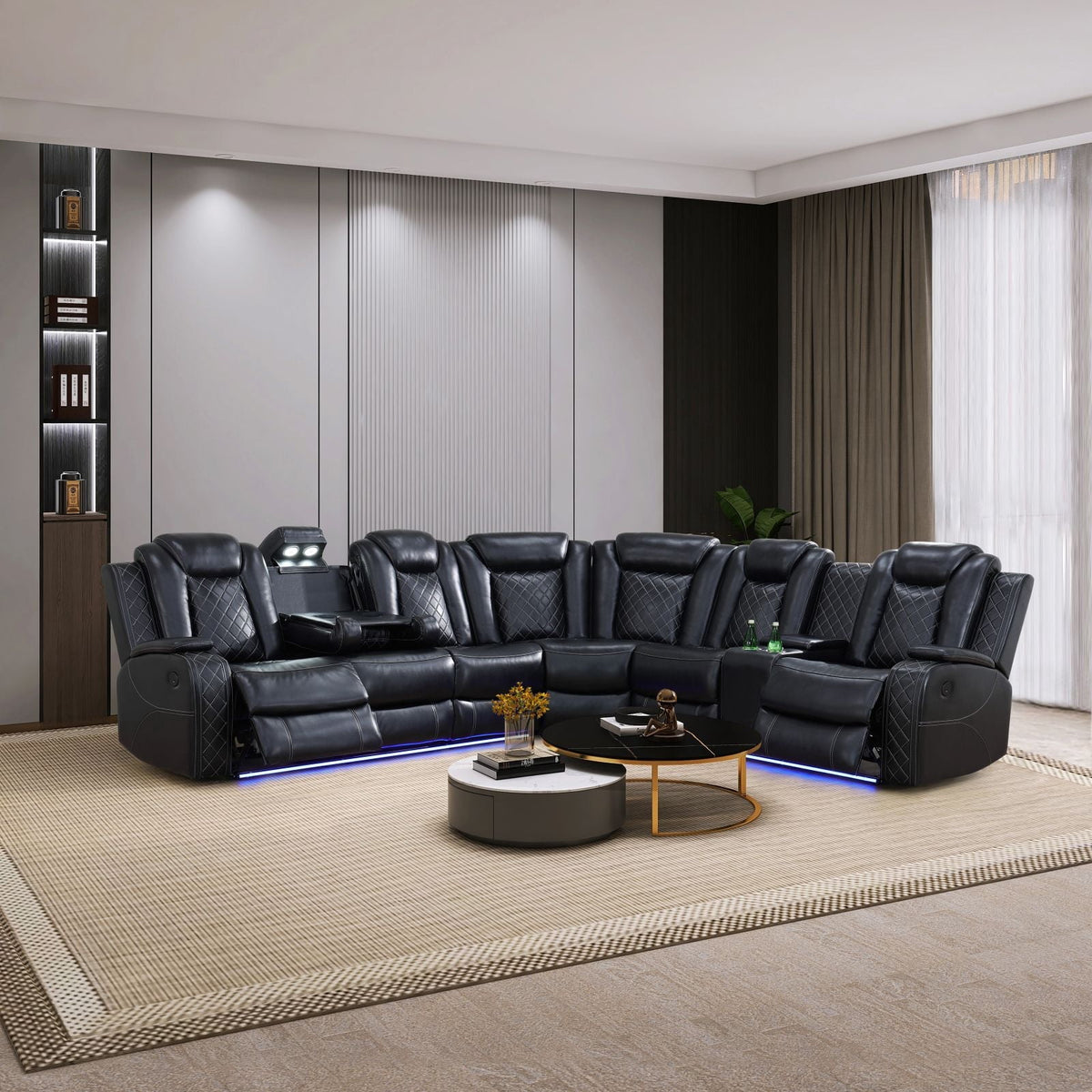 Black Breathing Leather 3-Piece Living Room Recliner Sofa