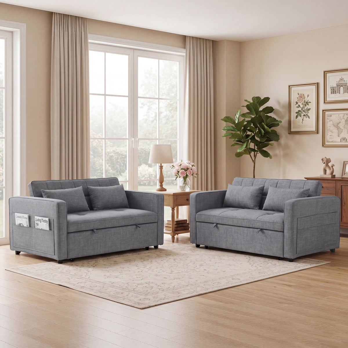 2-Pack 3 in 1 Convertible Sleeper Sofa Bed, 2-Seater Futon Couch with Storage Pockets, Adjustable Backrest for Guest Room, Airbnb, Gray