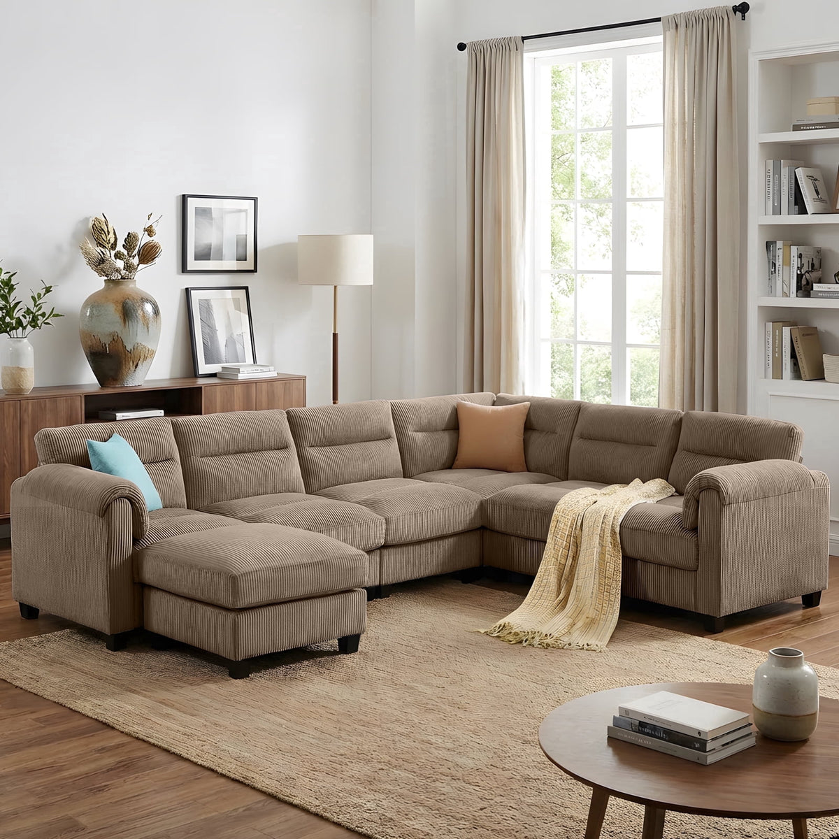  Convertible Modular Padded Sectional Sofa Couch with Foam Frame & Ottoman for Living Room - Taupe
