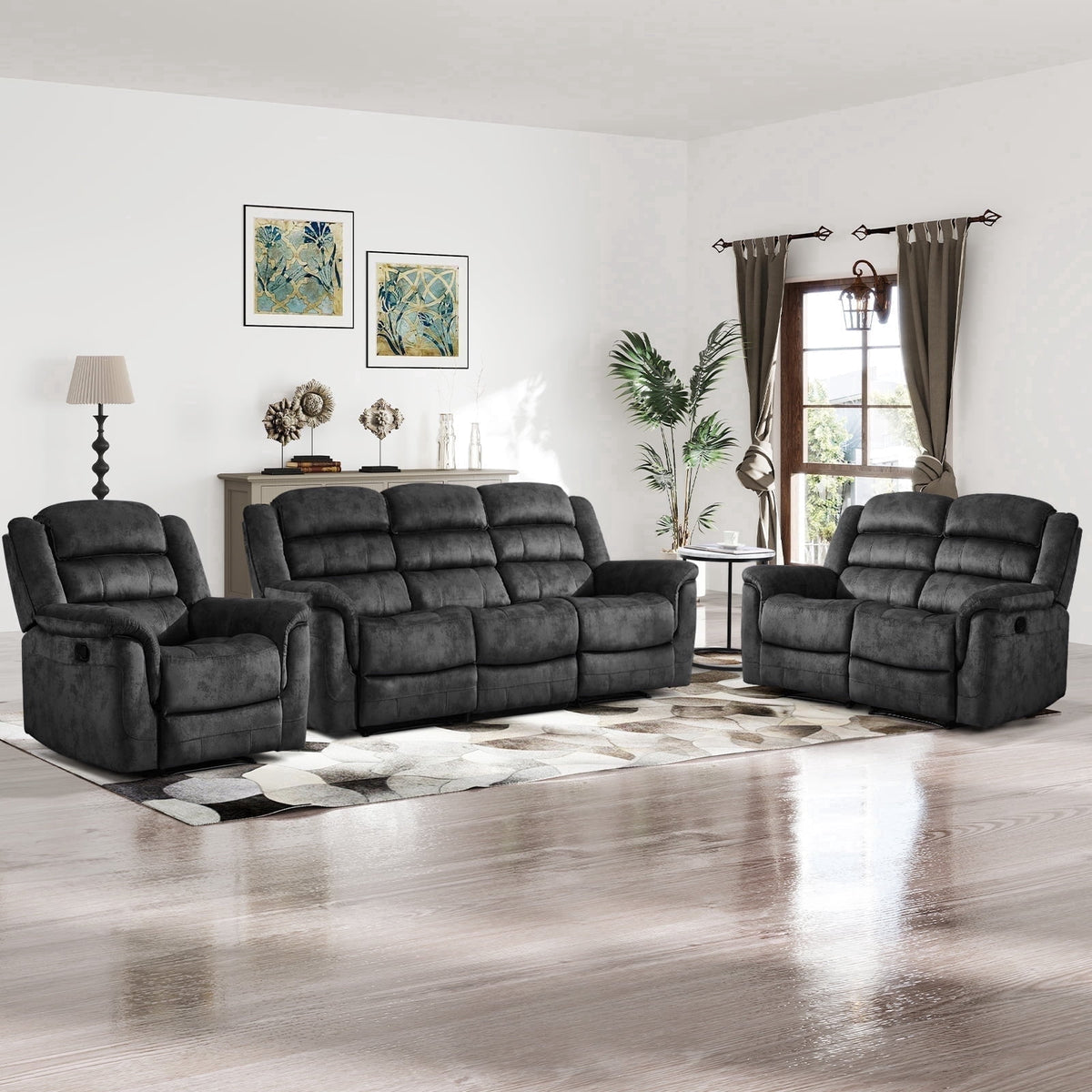  3-Piece Fabric Manual Recliner Sofa Set, Single Chair, Loveseat & 3-Seat Couch for Living Room Furniture