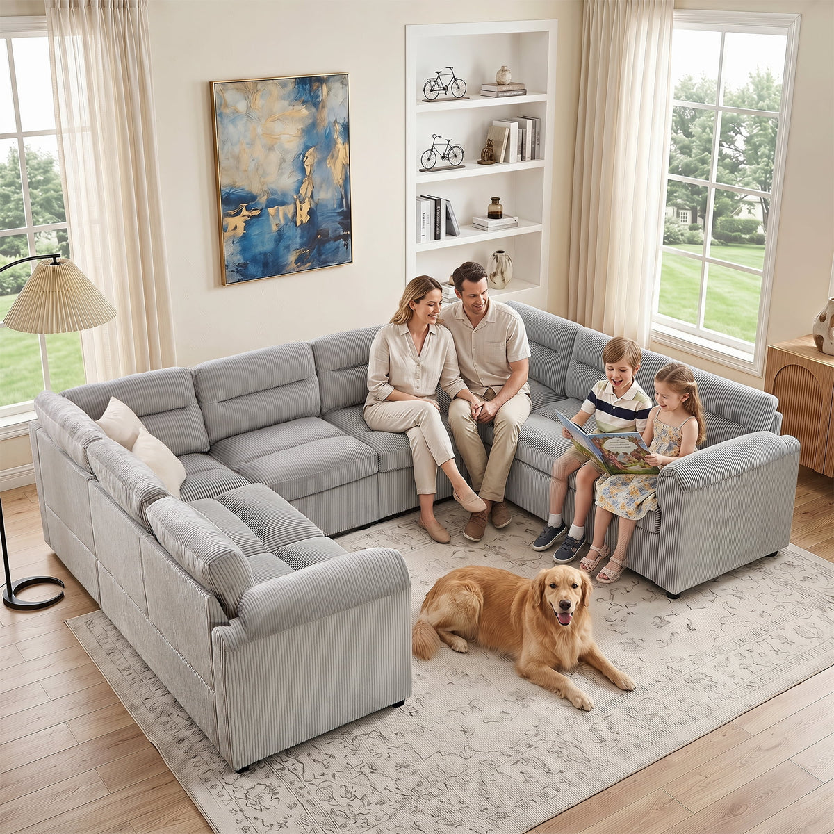  114 inch Sectional Sleeper Sofa with Pull Out Bed Convertible Corduroy Modular Sofa Upholstered Sofa Bed for Living Room Gray