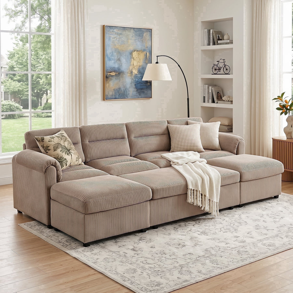  Modular Corduroy Sectional Sofa with Pull Out Sleeper, Convertible U-Shaped Couch, Free Combination Upholstered Sofa Bed for Living Room