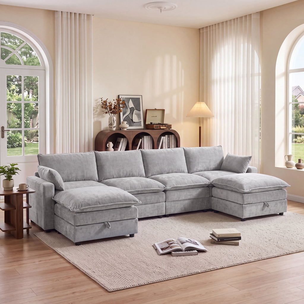 SOLIA 112.9" L-Shaped Cloud Modular Sectional Couch Chenille with Storage Ottoman