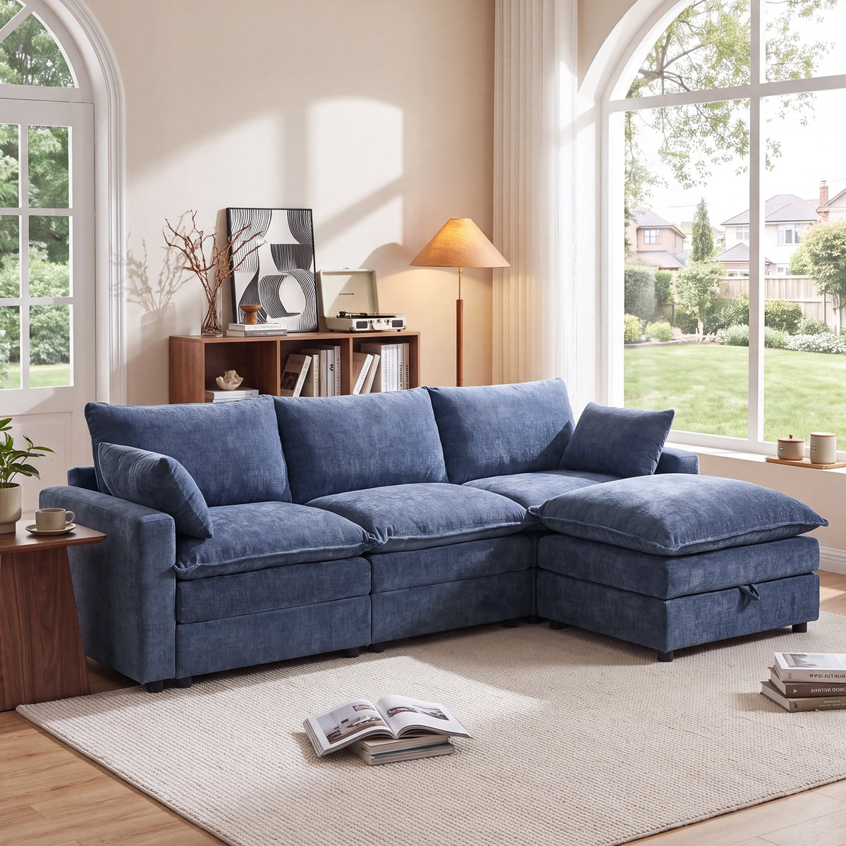  Modular Sectional Sofa, 112.9" L-Shaped Ultra-Comfort Sofa with Storage Ottoman, Modern Chenille Cloud Couch for Living Room & Family Room, Royal Blue