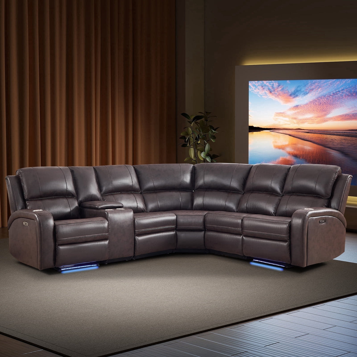  Power Reclining Sectional Sofa with LED Lights ? Faux Leather L-Shape Sectional with Dual Power Recliners, Storage Console & Cup Holders