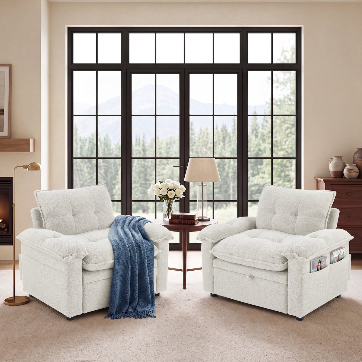  Set of 2 3-in-1 Pull Out Sofa Bed Chairs, Soft Fabric Convertible Design with Side Storage, White