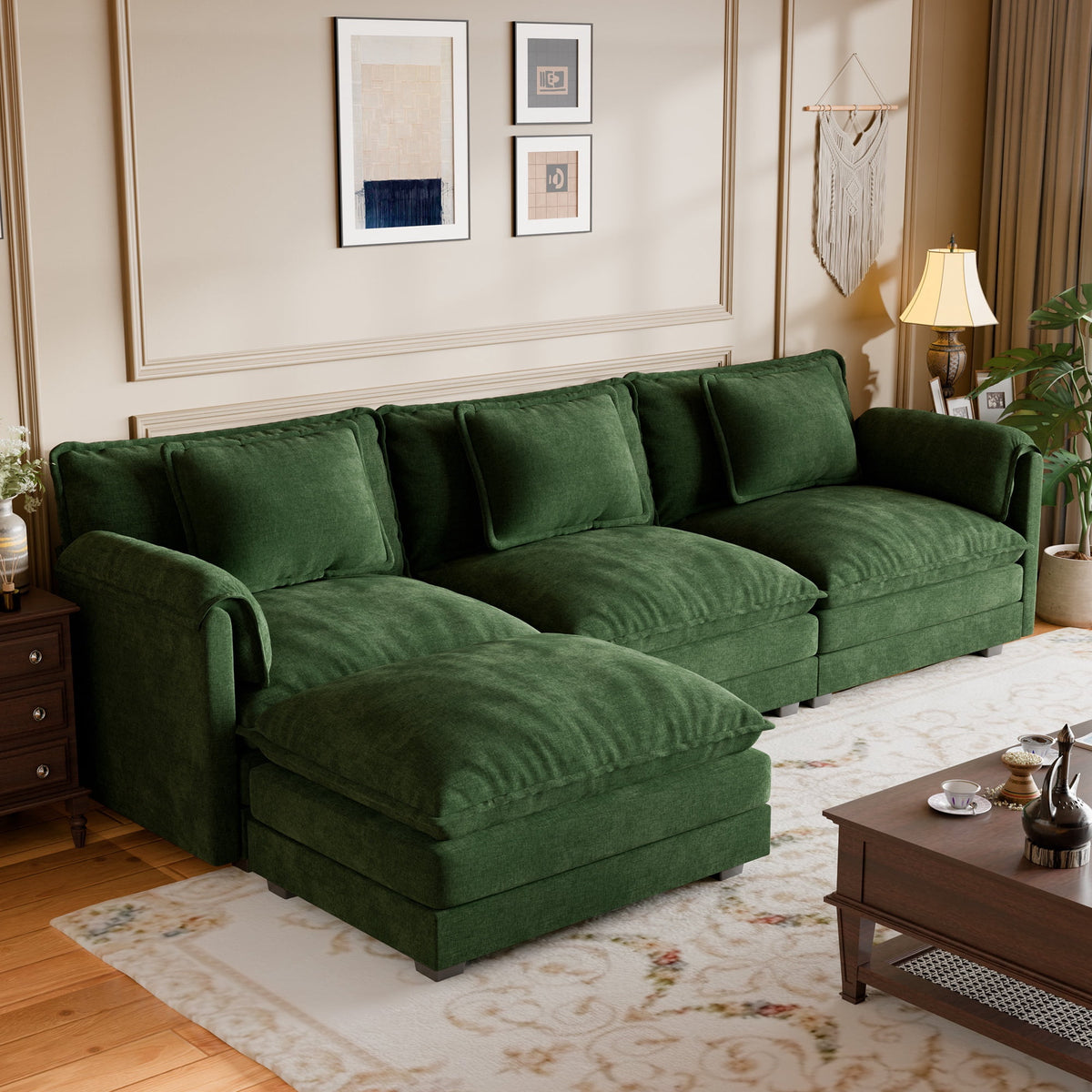 CDCASA 113" Modular Sectional Sofa with Movable Ottoman, 4-Seat Large L Shaped Couch with Deep Seat, Comfy Chenille Sectionals for Living Room, Green