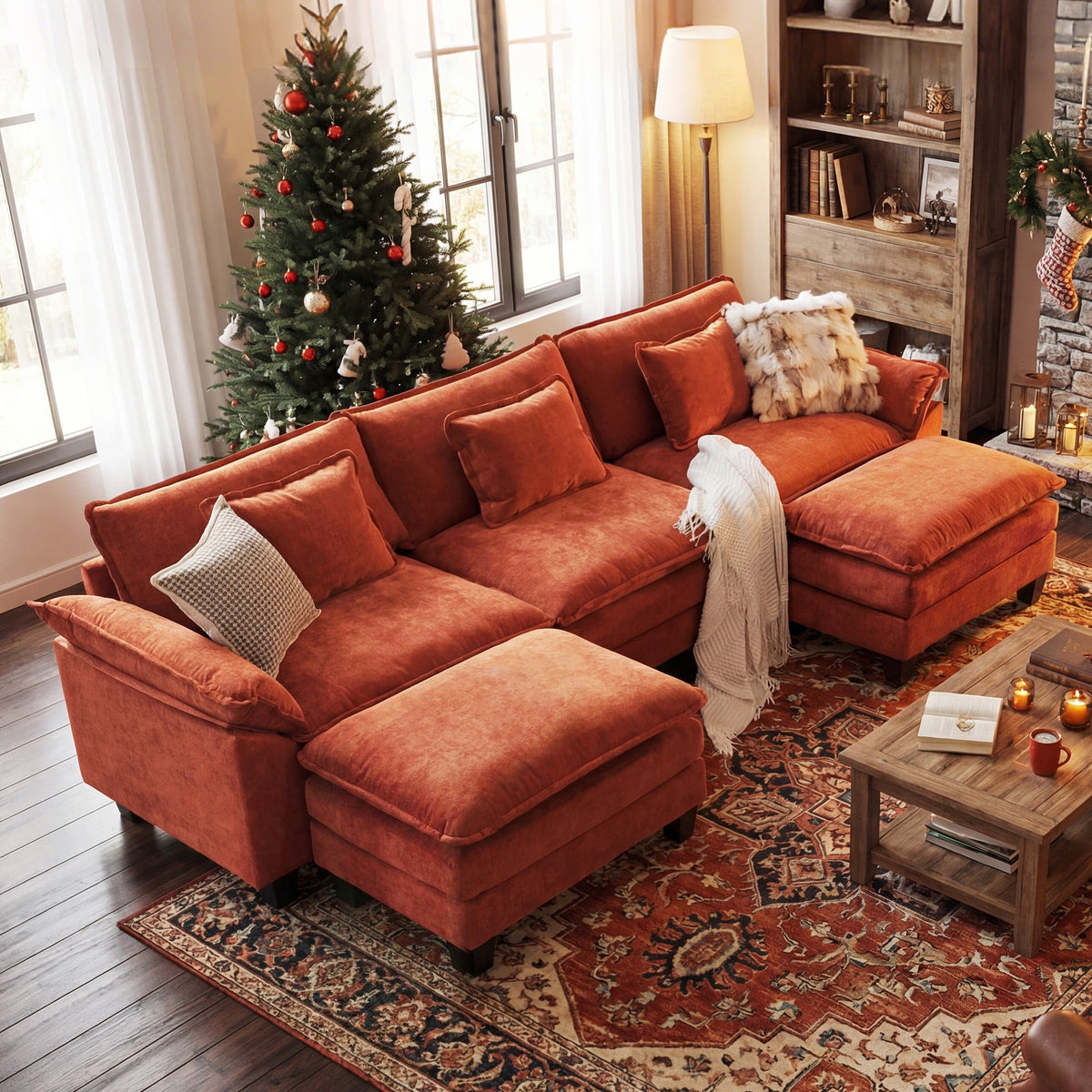 CDCASA Oversized Modular Sectional Sofa, 3-Seat U Shaped Cloud Couch with Movable Ottoman, Deep Seat Modern Sofa, 120" Sectional Couches for Living Room, Orange