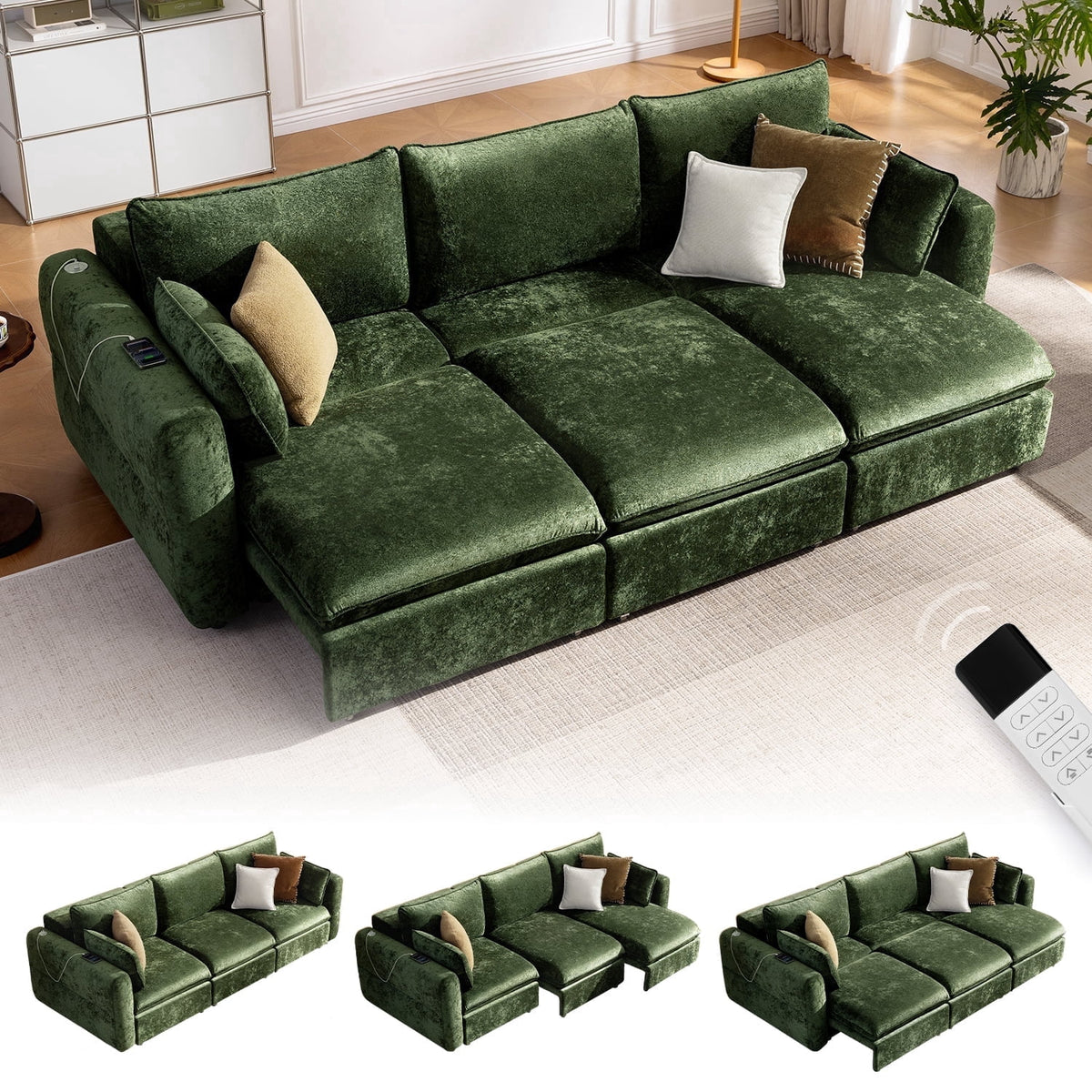 SOLIA 104" 3-Seat Power Reclining Sleeper Sectional Sofa Bed Velvet