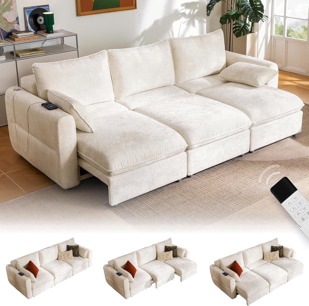 SOLIA 104" 3-Seat Power Reclining Sleeper Sectional Sofa Bed Velvet