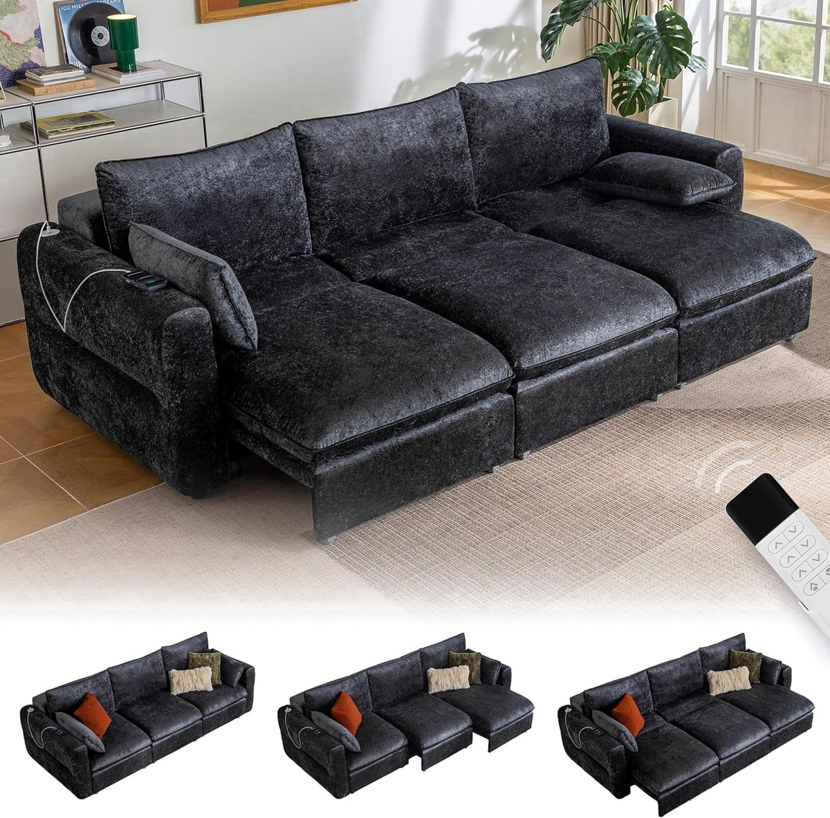 CHIC HOUSE 104" Electric Extendable Sofa Bed with Triple Motor, Convertible Smart Power Reclining Sleeper Sofa Deep Seat 3-Seat Couch with Solid Wood Frame in Velvet, Black