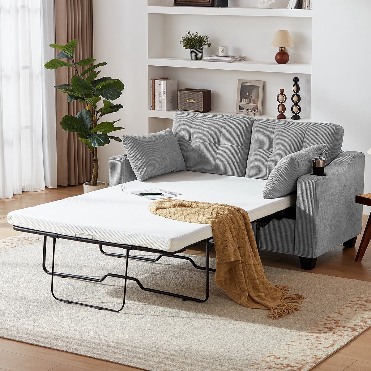 SOLIA Modular Sleeper Sectional Sofa Bed Corduroy with USB Charging & Cup Holders