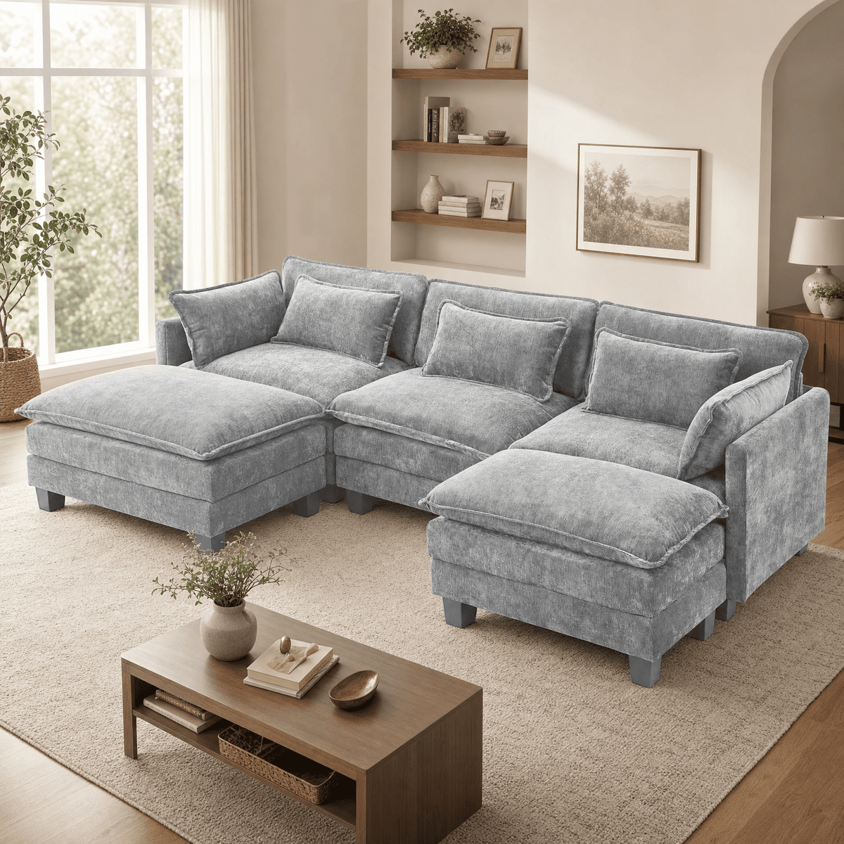  111" Modular Sectional Sofa with 2 Movable Ottomans, U-Shaped Oversized 3-Seat Chenille Cloud Sofa with 5 Pillows for Living Room, Gray