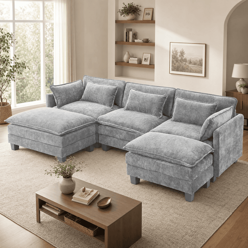  111" Modular Sectional Sofa with 2 Movable Ottomans, U-Shaped Oversized 3-Seat Chenille Cloud Sofa with 5 Pillows for Living Room, Gray