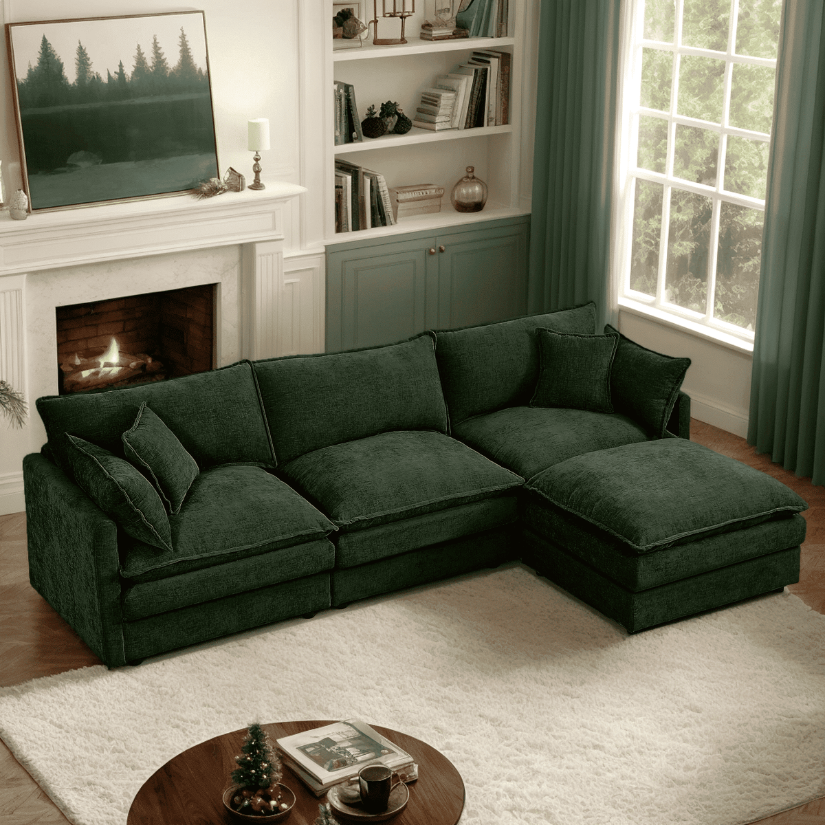 CKEASEAN 102" Chenille Modular Sectional Sofa with Ottoman, 3-Seater L-Shape Cloud Couch with Upholstered & Pillow, Comfy Cloud Sofa for Living Room, Bedroom, Apartment, Office, Easy Assembly