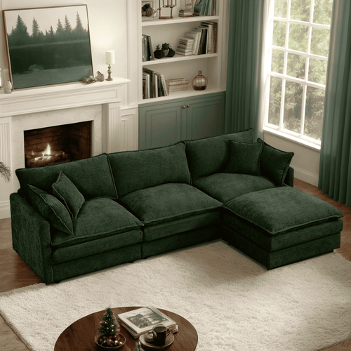 CKEASEAN 102" Chenille Modular Sectional Sofa with Ottoman, 3-Seater L-Shape Cloud Couch with Upholstered & Pillow, Comfy Cloud Sofa for Living Room, Bedroom, Apartment, Office, Easy Assembly