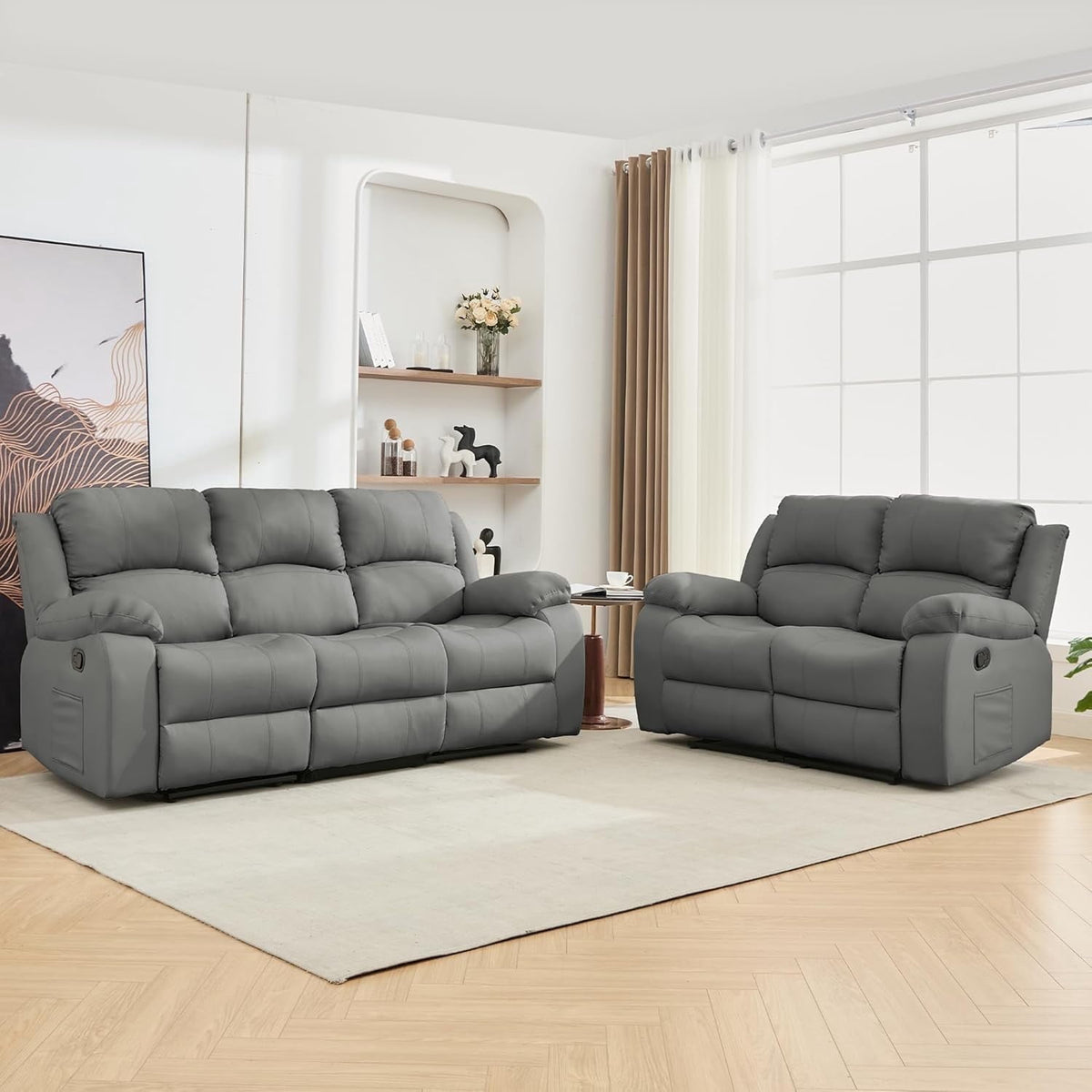Chizzysit Reclining Couch Sleeper Sofa Set Chaise Lounge Chair Leather Recliner Couch Loveseat for Living Room, Theater Seating - Gray