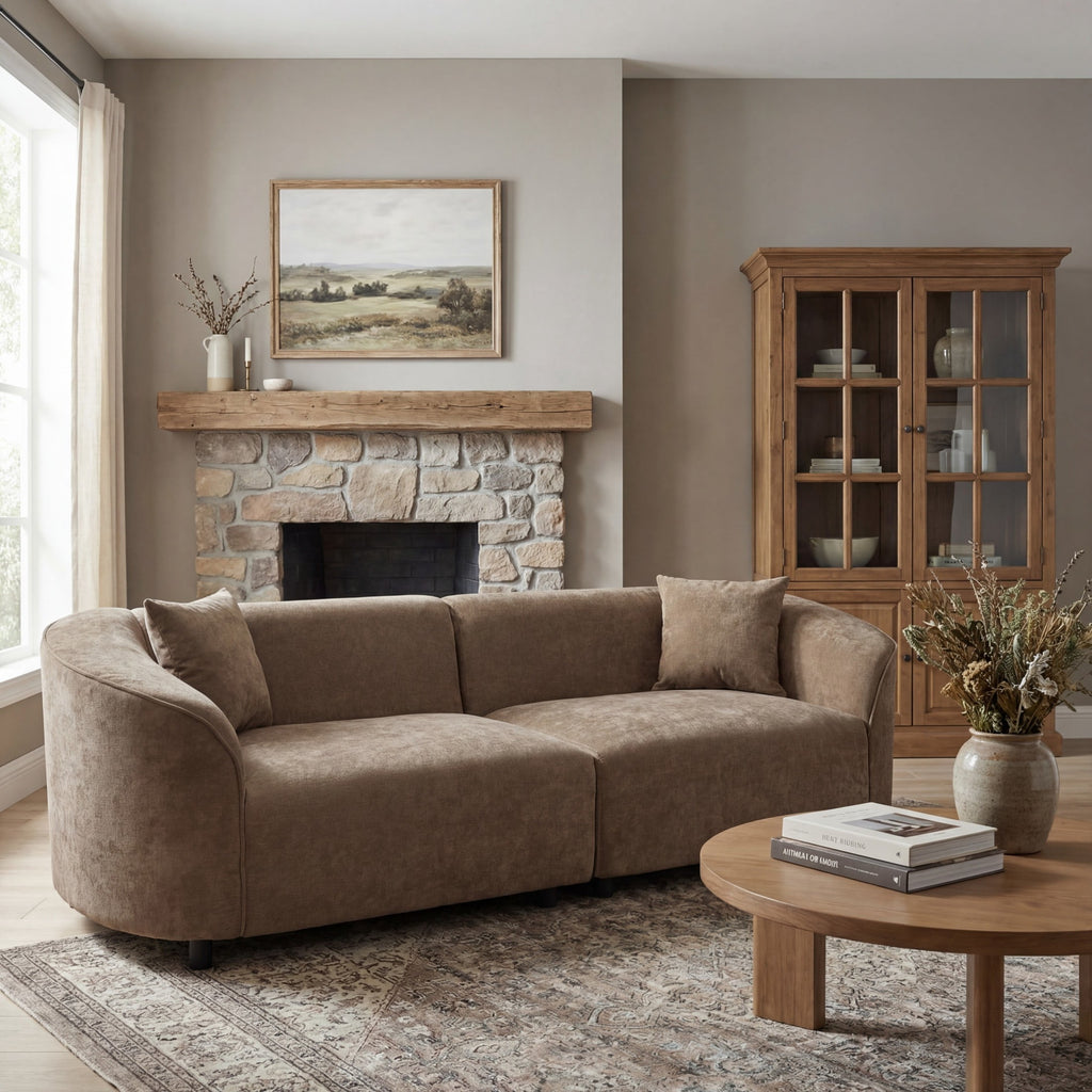 Christopher Knight Home 87" Curved Contemporary Fabric Sofa in Plush Seating, Streamlined Design Durable Frame, Brown