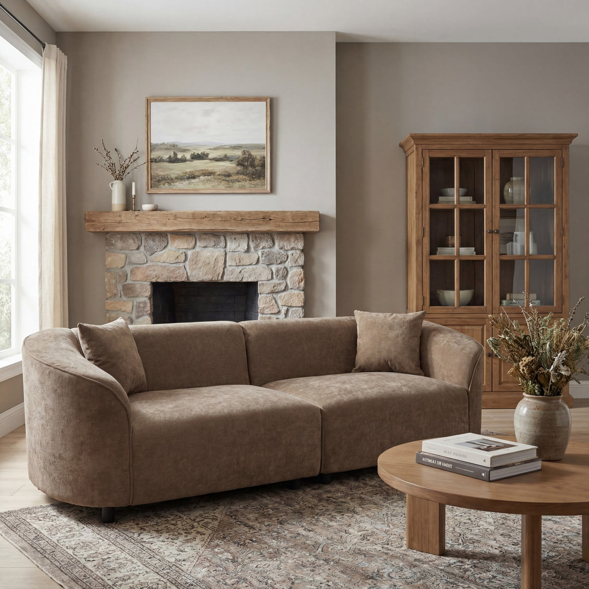 Christopher Knight Home 87" Curved Contemporary Fabric Sofa in Plush Seating, Streamlined Design Durable Frame, Brown