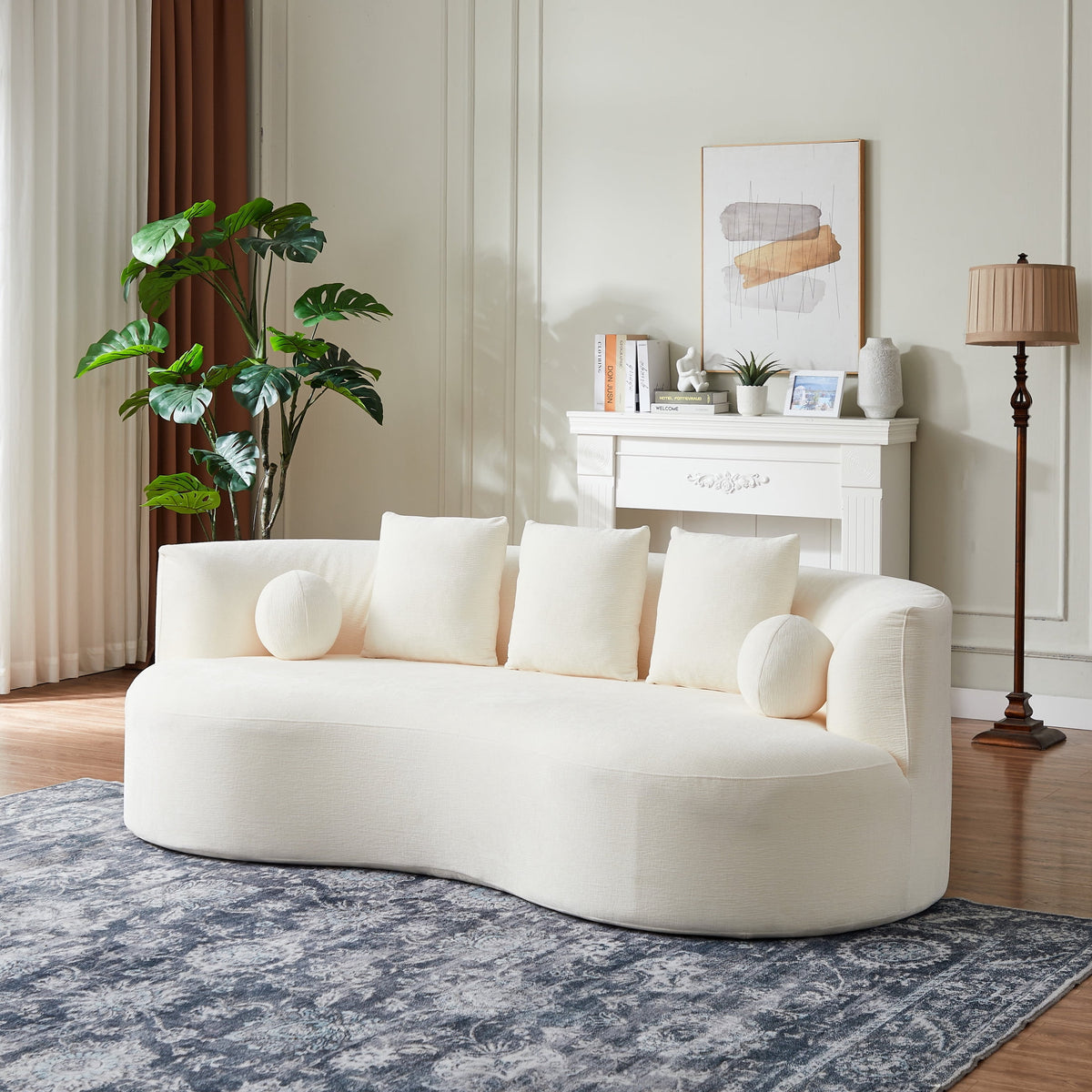 Christopher Knight Home 90" Curved Boucle Sofa with Pillows, Modern 3-Seat Upholstered Couch, White