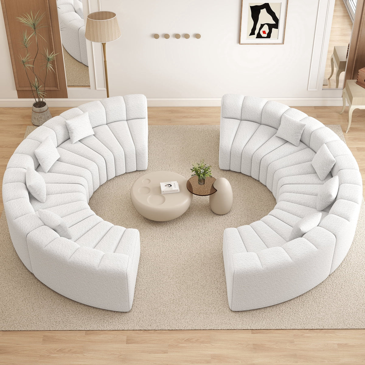 Daluvenix Oversized Round Sectional Sofa, 8 Seater Modern Curved Velvet Modular Couch, Boneless Cloud Sofa for Living Room, No Assembly Required, White