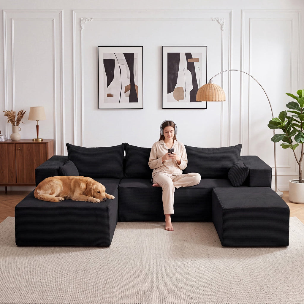  106" Cloud Sectional Boneless Couches for Living Room, Modular U Shaped Couch with Deep Seat, Removable Ottoman, Memory Foam Compressed 4 Seater Sofa for Bedroom Apartment, Black