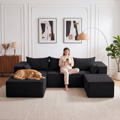  106" Cloud Sectional Boneless Couches for Living Room, Modular U Shaped Couch with Deep Seat, Removable Ottoman, Memory Foam Compressed 4 Seater Sofa for Bedroom Apartment, Black
