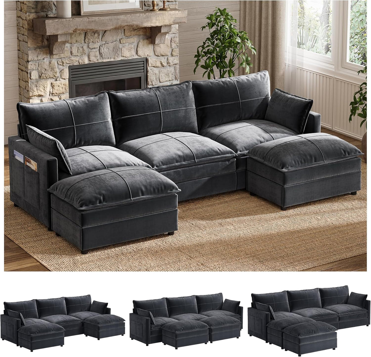 FANRAL 108" U-Shaped 5 Seat Modular Sectional Sofa, Sleeper Couch with Ottoman & Side Pockets, Modern Deep Seat Cloud Couch with Chaise for Living Room Bedroom Office,Gray Sectional Couch