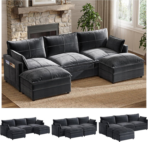 FANRAL 108" U-Shaped 5 Seat Modular Sectional Sofa, Sleeper Couch with Ottoman & Side Pockets, Modern Deep Seat Cloud Couch with Chaise for Living Room Bedroom Office,Gray Sectional Couch