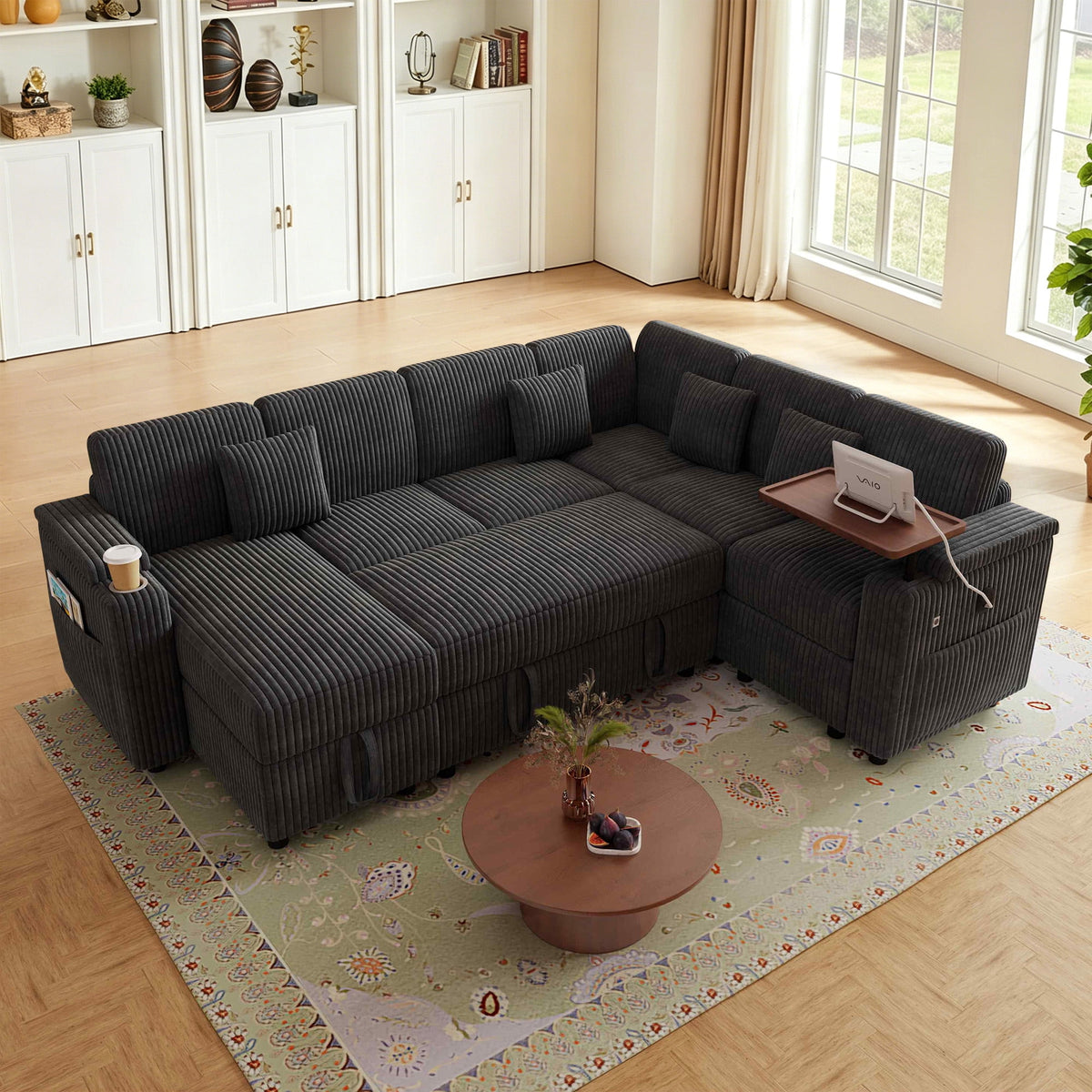 FFH 100" Modular Sectional Sofa with Pull Out Bed, Large Storage, USB Ports, Table Board, Modern Sleeper Couch Bed for Living Room, Corduroy Dark Gray