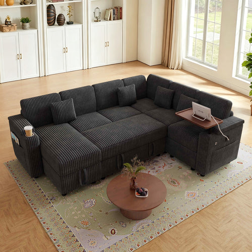 FFH 100" Modular Sectional Sofa with Pull Out Bed, Large Storage, USB Ports, Table Board, Modern Sleeper Couch Bed for Living Room, Corduroy Dark Gray