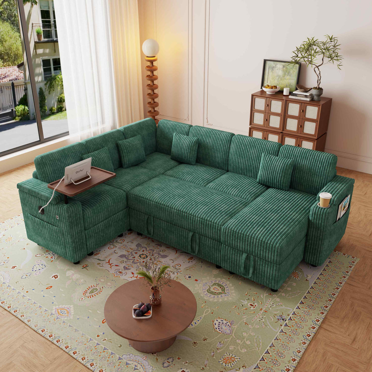 SOLIA 100" Modular Sleeper Sectional Sofa Bed Corduroy with USB Charging