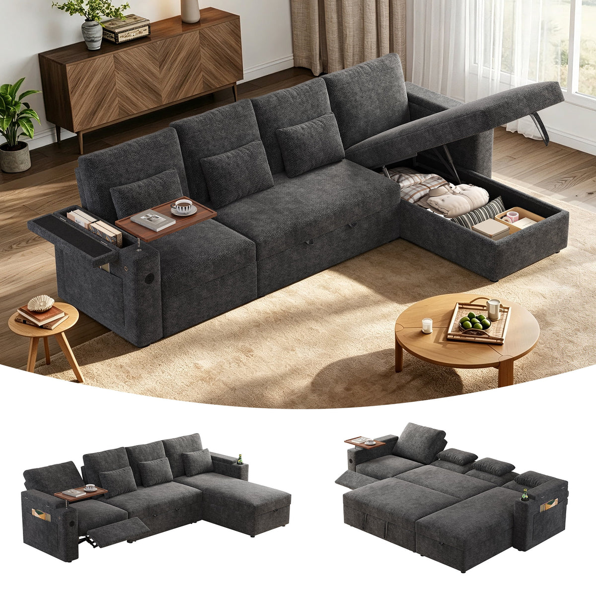SOLIA 100" Modular Sleeper Sectional Sofa Bed Corduroy with USB Charging
