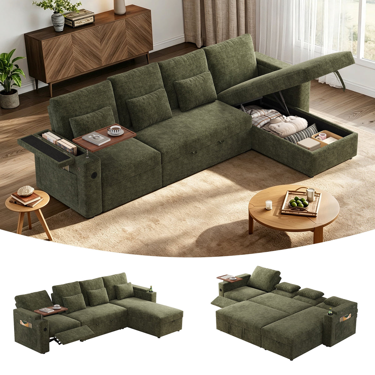 SOLIA 100" Modular Sleeper Sectional Sofa Bed Corduroy with USB Charging