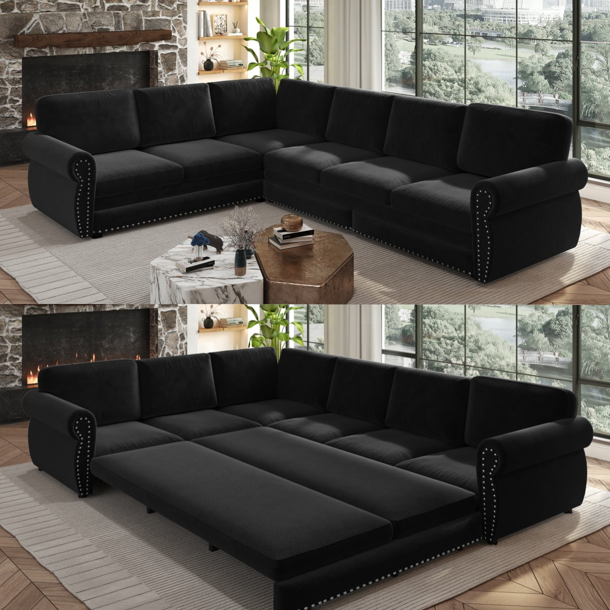SOLIA 88.2" 5-Seat Modular Sleeper Sectional Sofa Bed Chenille with Chaise Lounge