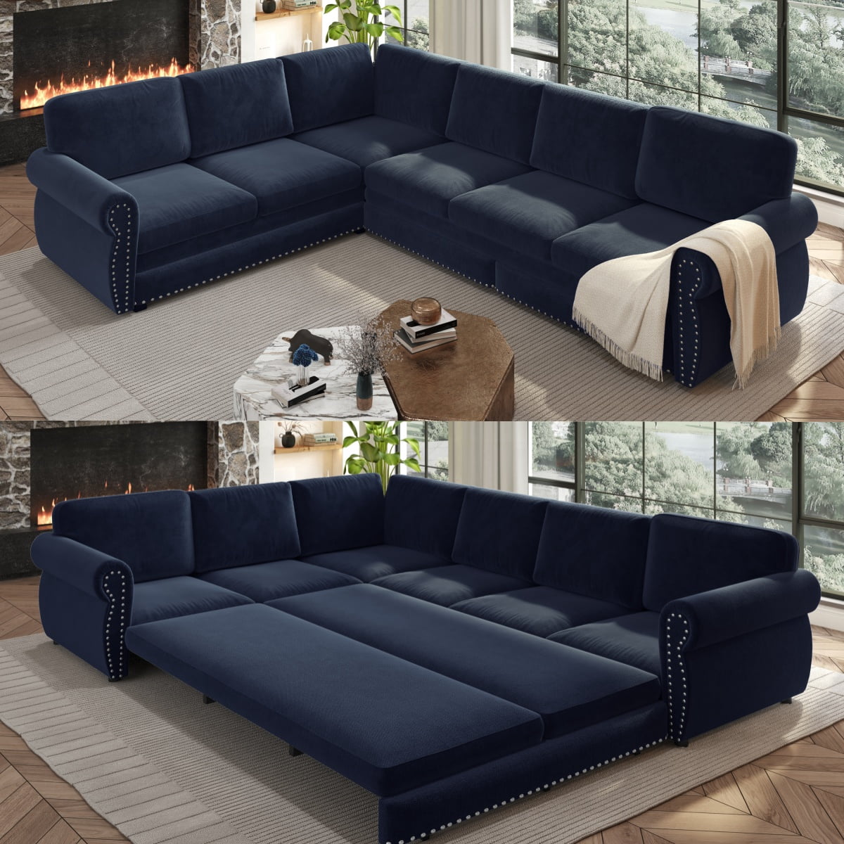 SOLIA 88.2" 5-Seat Modular Sleeper Sectional Sofa Bed Chenille with Chaise Lounge