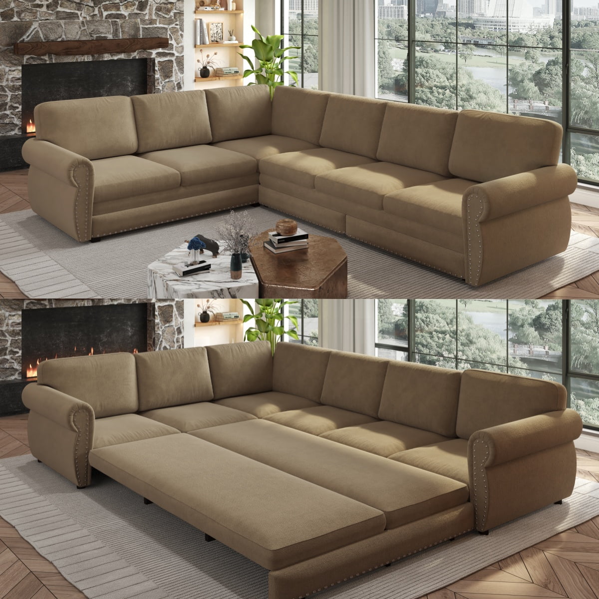 SOLIA 88.2" 5-Seat Modular Sleeper Sectional Sofa Bed Chenille with Chaise Lounge