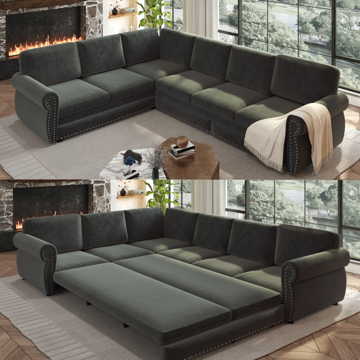 SOLIA 88.2" 5-Seat Modular Sleeper Sectional Sofa Bed Chenille with Chaise Lounge