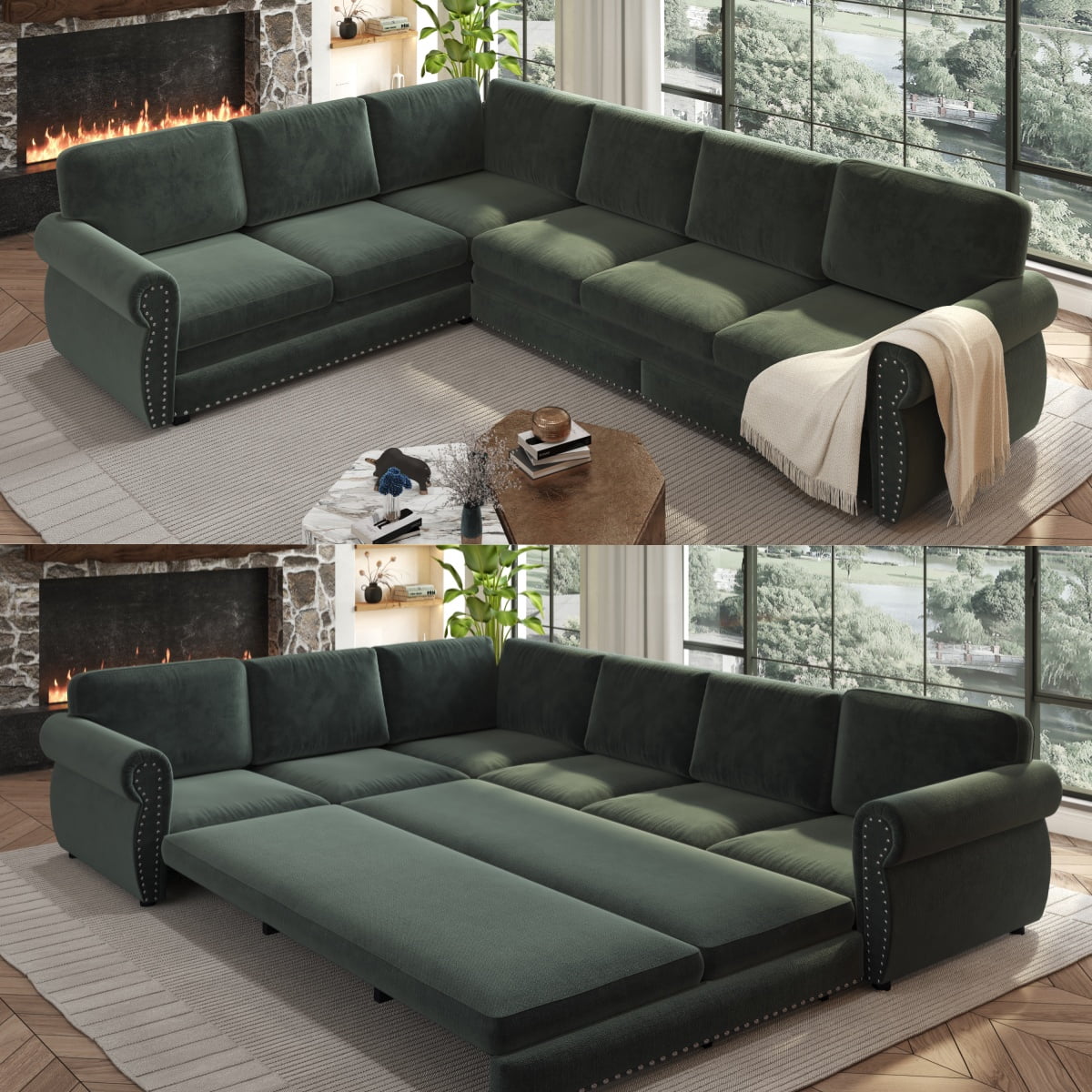 SOLIA 88.2" 5-Seat Modular Sleeper Sectional Sofa Bed Chenille with Chaise Lounge