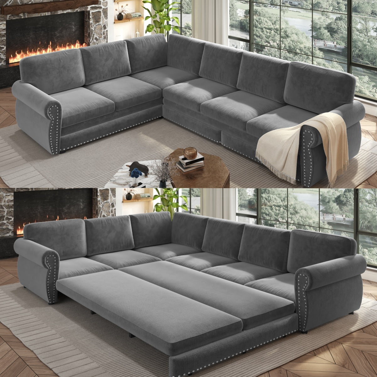 SOLIA 88.2" 5-Seat Modular Sleeper Sectional Sofa Bed Chenille with Chaise Lounge