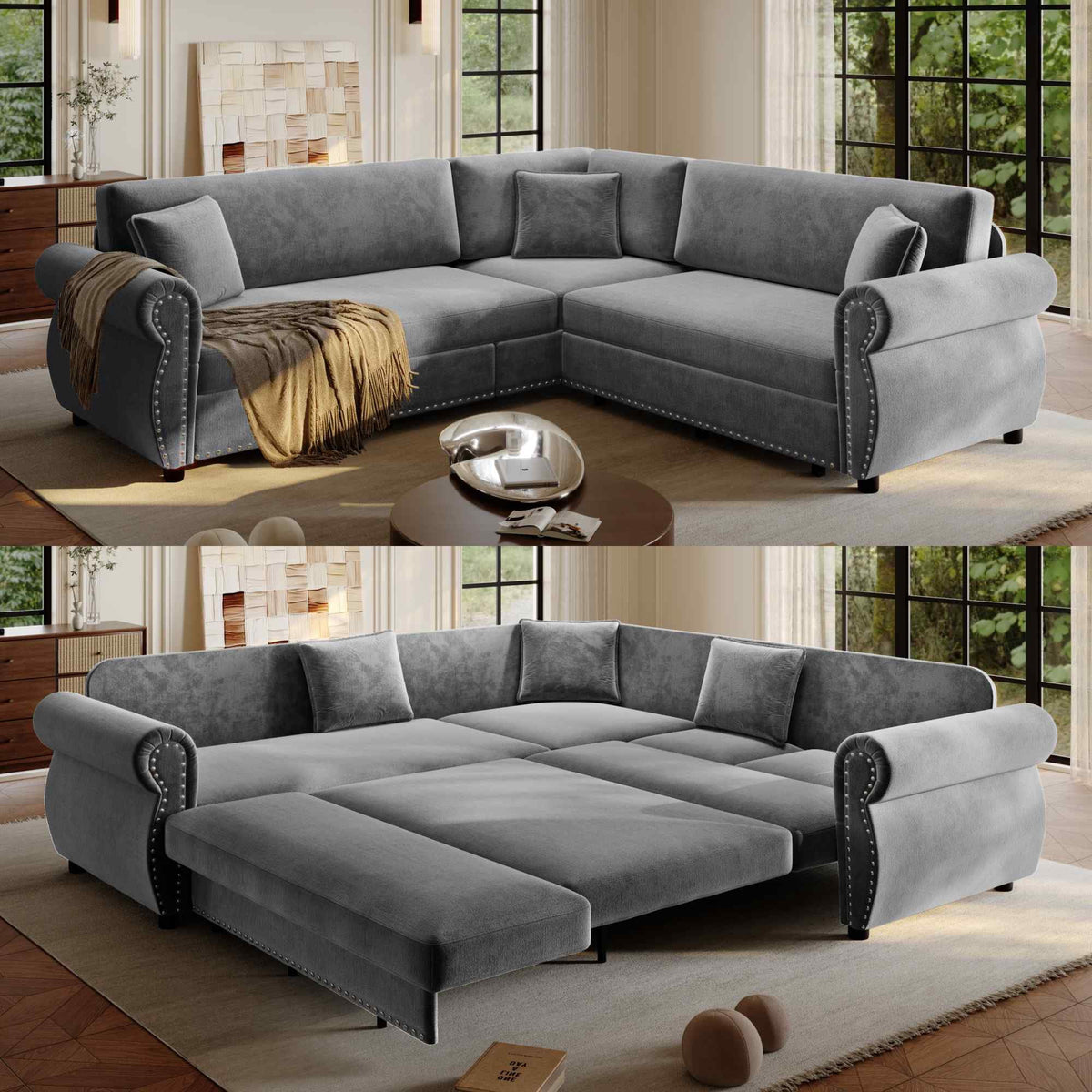 SOLIA 88.2" 5-Seat Modular Sleeper Sectional Sofa Bed Chenille with Chaise Lounge