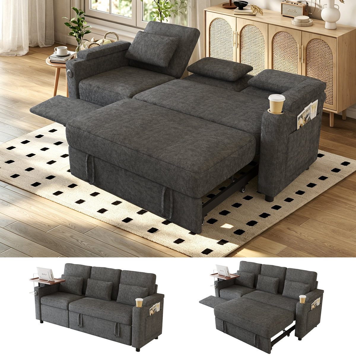 SOLIA 100" Modular Sleeper Sectional Sofa Bed Corduroy with USB Charging
