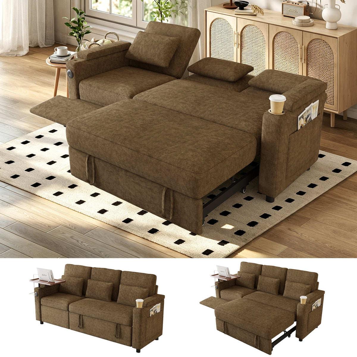 SOLIA 100" Modular Sleeper Sectional Sofa Bed Corduroy with USB Charging