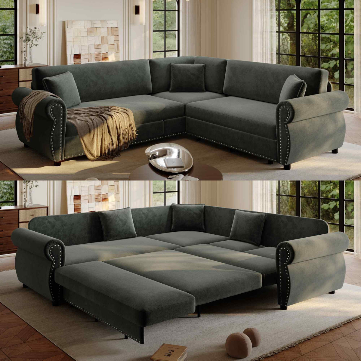 SOLIA 88.2" 5-Seat Modular Sleeper Sectional Sofa Bed Chenille with Chaise Lounge