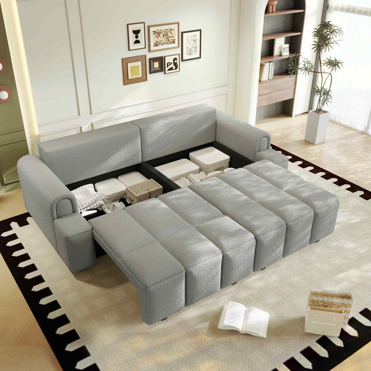 FFH 90.2" Pull Out Sofa Bed with Storage, 3-in-1 Convertible Sleeper Sofa King Size, Modern 4-Seater Teddy Couch for Living Room, Gray
