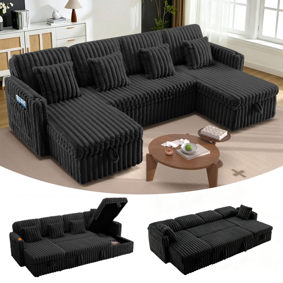 SOLIA 100" Modular Sleeper Sectional Sofa Bed Corduroy with USB Charging