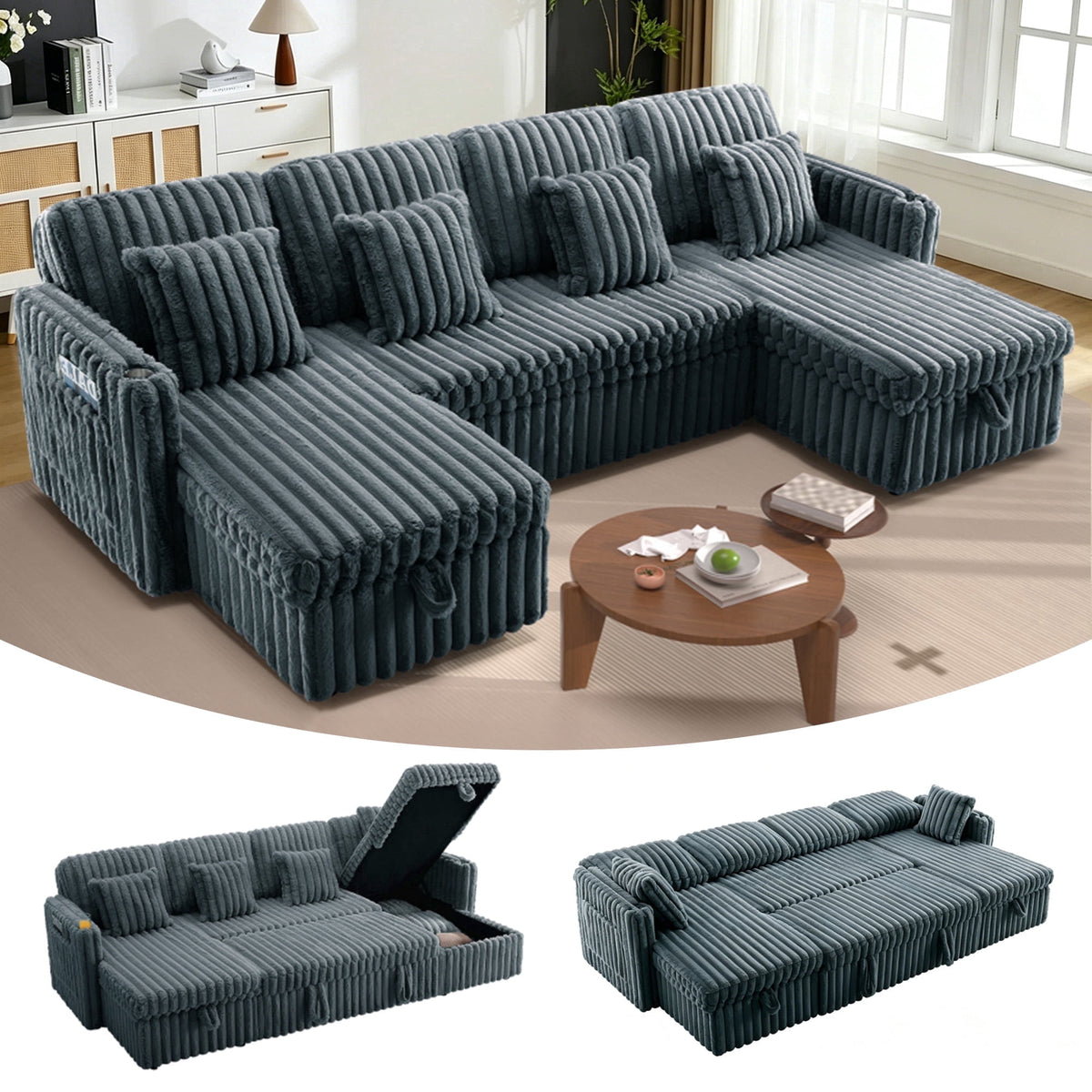 SOLIA 100" Modular Sleeper Sectional Sofa Bed Corduroy with USB Charging